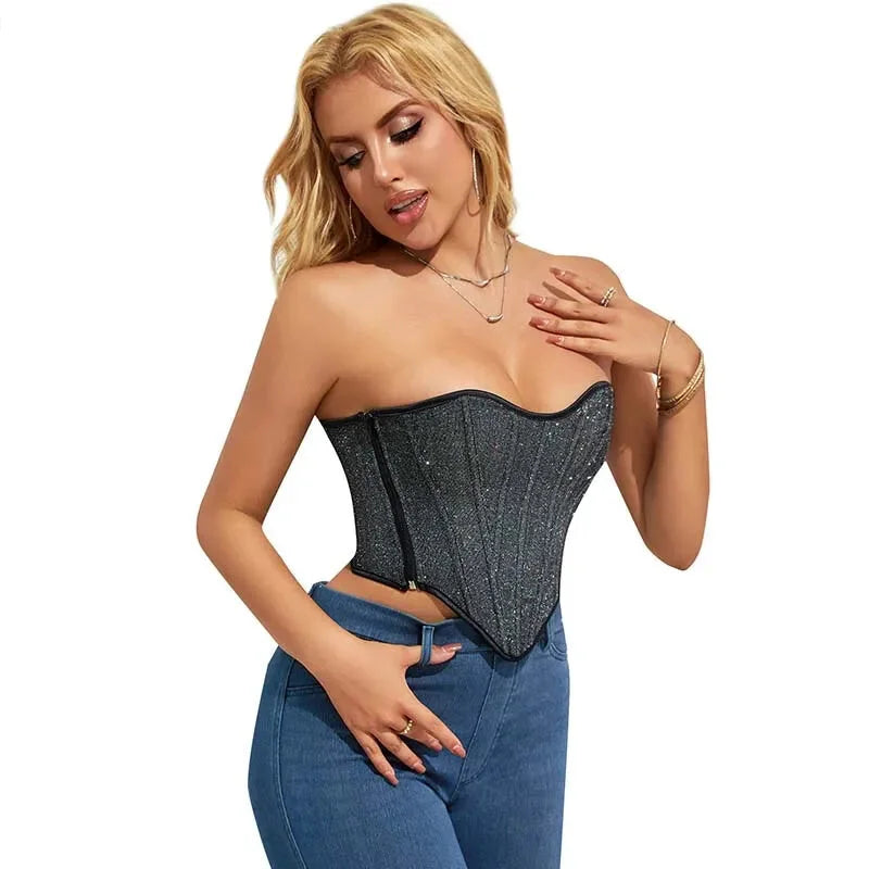 Gray Gothic Punk Crop Top Women Lacing Bandage Bustier With Zipper Plus Size S-Xxl - S Tristar Online