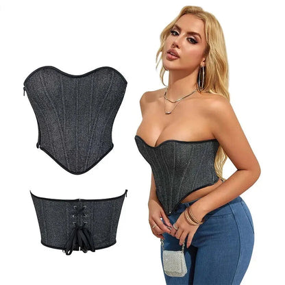 Gray Gothic Punk Crop Top Women Lacing Bandage Bustier With Zipper Plus Size S-Xxl - Xl Tristar Online