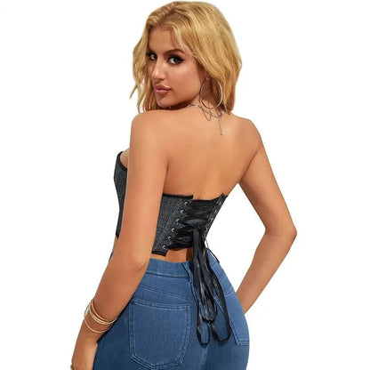 Gray Gothic Punk Crop Top Women Lacing Bandage Bustier With Zipper Plus Size S-Xxl - Xl Tristar Online