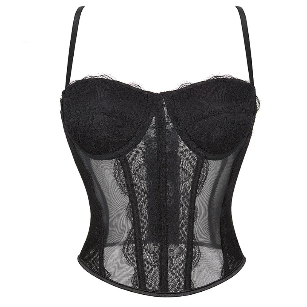 Mesh Lace Plus Size Corset With Spaghetti Straps & G-String 9 Plastic Bones Hook Adjust S-Xxxl - S Tristar Online