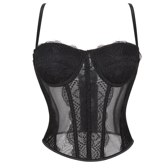 Mesh Lace Plus Size Corset With Spaghetti Straps & G-String 9 Plastic Bones Hook Adjust S-Xxxl - S Tristar Online