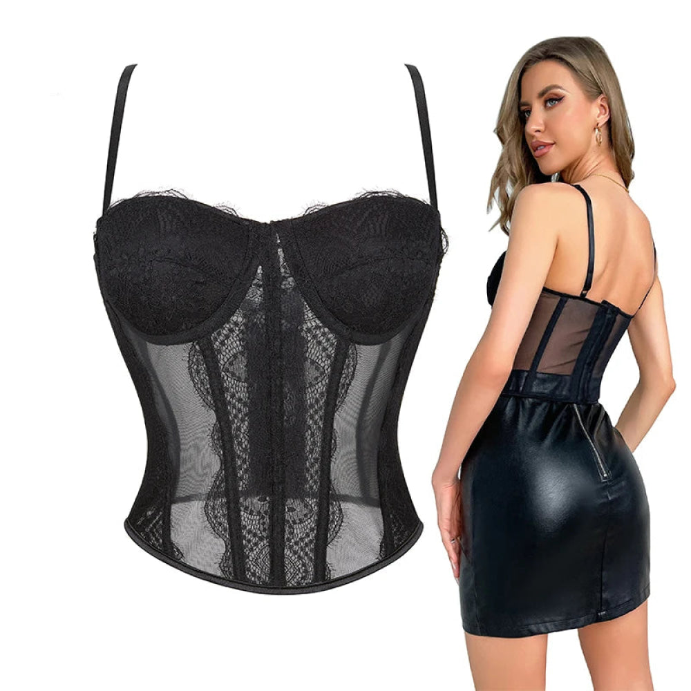 Mesh Lace Plus Size Corset With Spaghetti Straps & G-String 9 Plastic Bones Hook Adjust S-Xxxl - S Tristar Online
