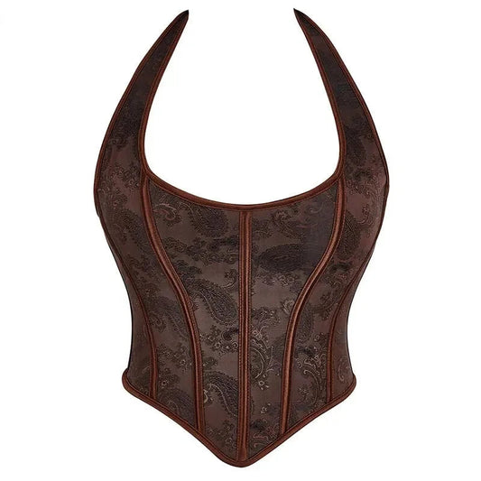 Fish Bone Jacquard Deep V-Neck Corset Crop Top With Halter Neck Plus Size - 5Xl Tristar Online