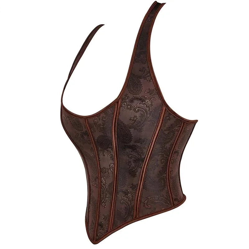 Fish Bone Jacquard Deep V-Neck Corset Crop Top With Halter Neck Plus Size - 6Xl Tristar Online