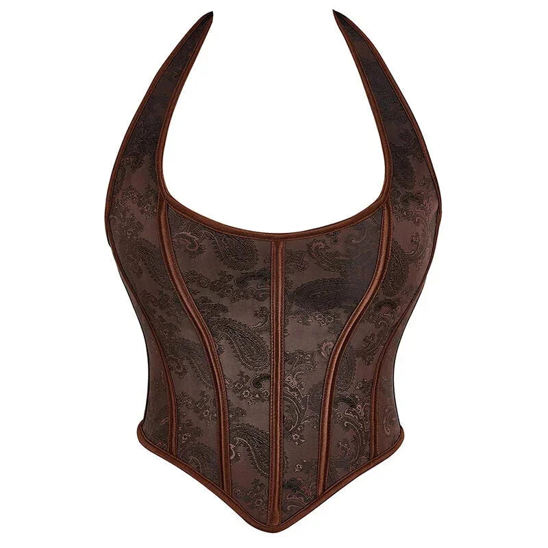 Fish Bone Jacquard Deep V-Neck Corset Crop Top With Halter Neck Plus Size - 4Xl Tristar Online