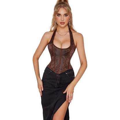 Fish Bone Jacquard Deep V-Neck Corset Crop Top With Halter Neck Plus Size - Xxl Tristar Online