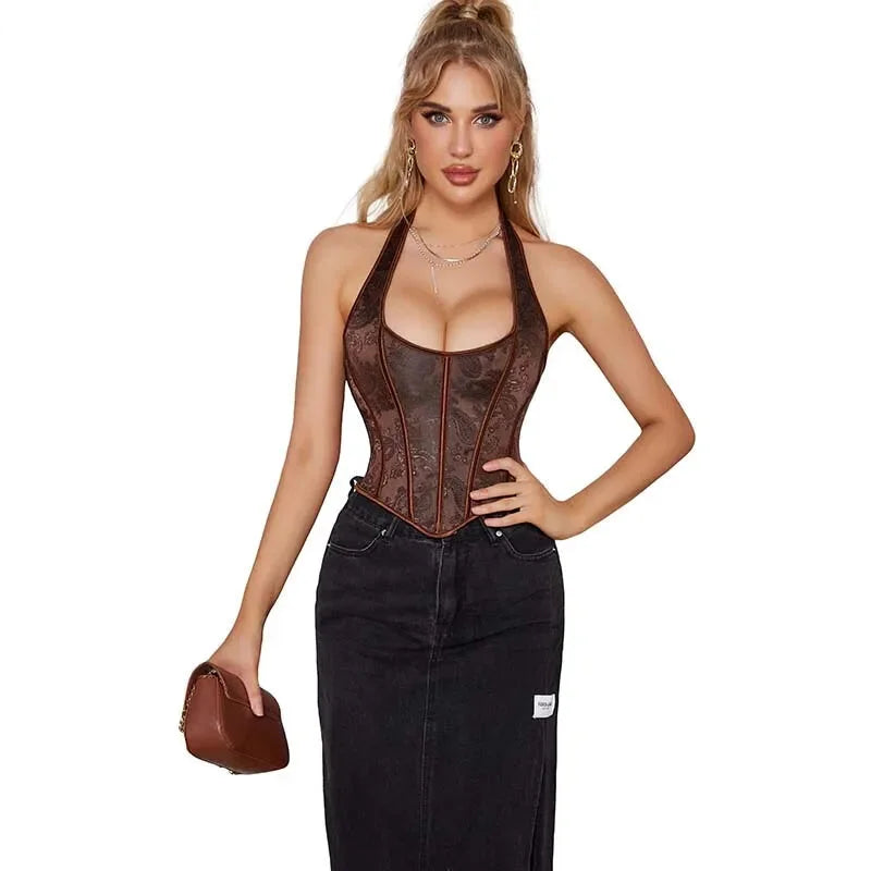 Fish Bone Jacquard Deep V-Neck Corset Crop Top With Halter Neck Plus Size - Xxl Tristar Online