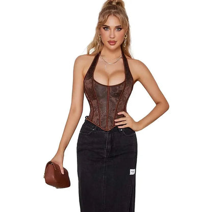 Fish Bone Jacquard Deep V-Neck Corset Crop Top With Halter Neck Plus Size - Xl Tristar Online