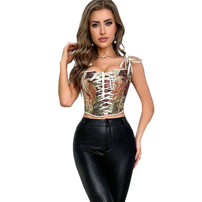 Floral Print Bowknot Tie Strap Sleeveless Vest Corset Bustier Plus Size S-Xxl - L Tristar Online