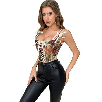 Floral Print Bowknot Tie Strap Sleeveless Vest Corset Bustier Plus Size S-Xxl - M Tristar Online