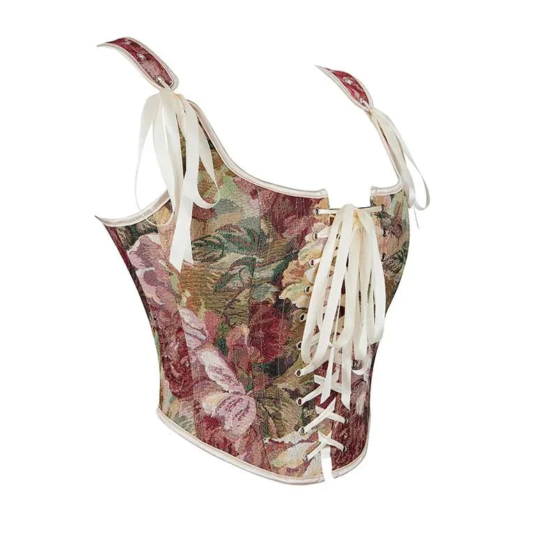 Floral Print Bowknot Tie Strap Sleeveless Vest Corset Bustier Plus Size S-Xxl - S Tristar Online