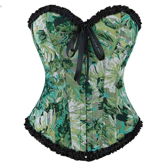 Ruffled Lace Trim Boned Corset Top Green Renaissance Christmas Lingerie - L Tristar Online