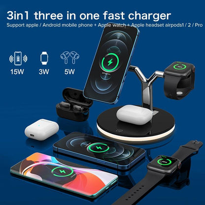 15W 3 In 1 Magnetic Wireless Charger For Phones Watches And Airpods With Led Light - White Tristar Online