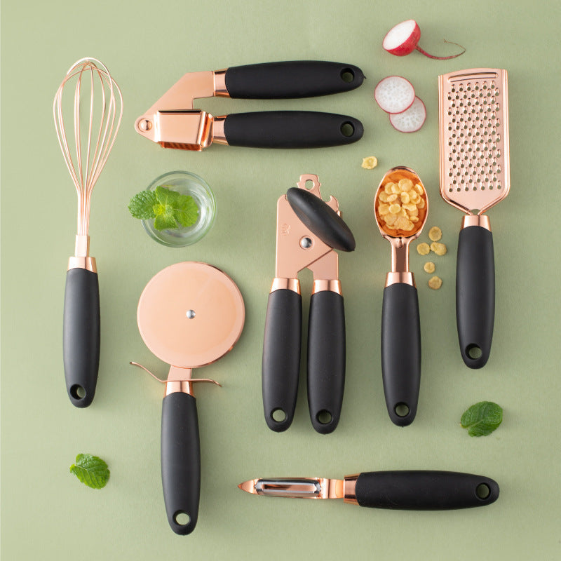 Black And Rose Gold 7-Piece Kitchen Gadget Set - Stainless Steel Utensils with Comfort Grip Handles Tristar Online