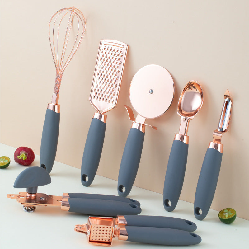 Grey And Rose Gold 7-Piece Kitchen Gadget Set - Stainless Steel Utensils with Comfort Grip Handles Tristar Online