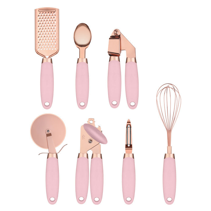 Pink And Rose Gold 7-Piece Kitchen Gadget Set - Stainless Steel Utensils with Comfort Grip Handles Tristar Online