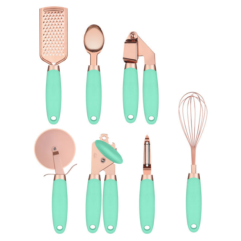 Green And Rose Gold 7-Piece Kitchen Gadget Set - Stainless Steel Utensils with Comfort Grip Handles Tristar Online
