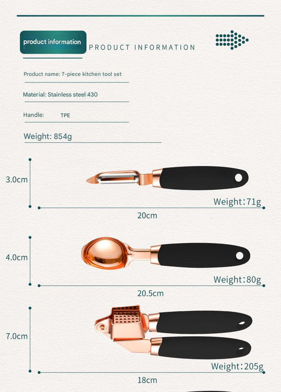 Blue And Rose Gold 7-Piece Kitchen Gadget Set - Stainless Steel Utensils with Comfort Grip Handles Tristar Online