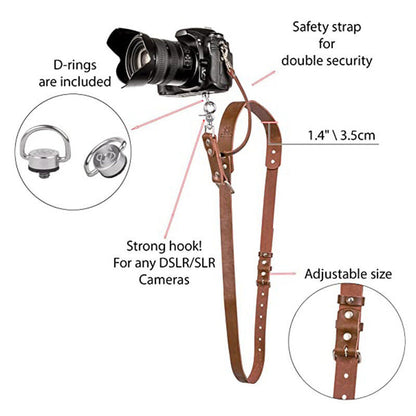 Brown Adjustable Genuine Leather Camera Strap - Crossbody Shoulder Sling for DSLR/SLR(The camera is a prop and is not included) Tristar Online
