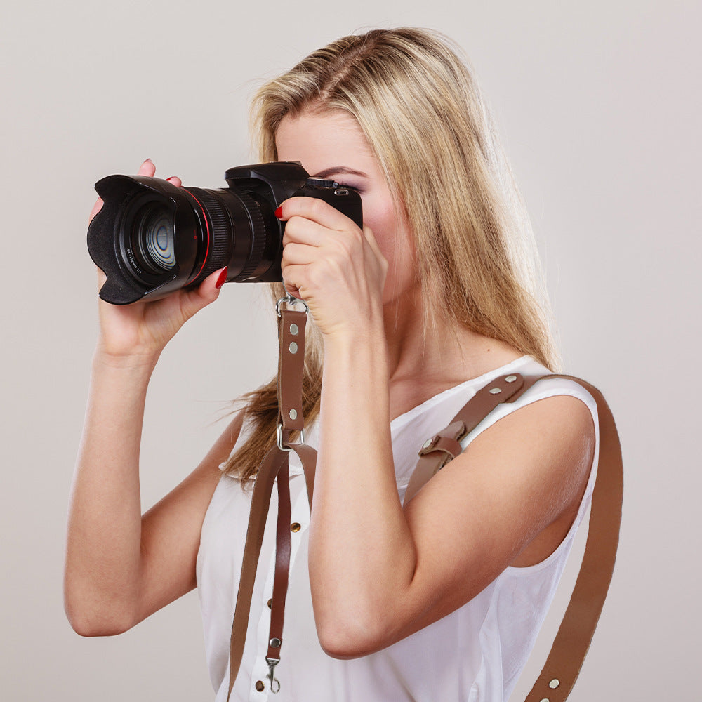 Brown Adjustable Genuine Leather Camera Strap - Crossbody Shoulder Sling for DSLR/SLR(The camera is a prop and is not included) Tristar Online