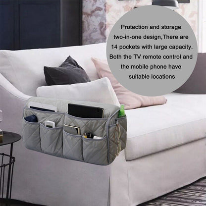 2 Pcs Grey Quilted Sofa Armrest Organizer Caddy - Multi-Pocket Remote Control Holder Bag Tristar Online