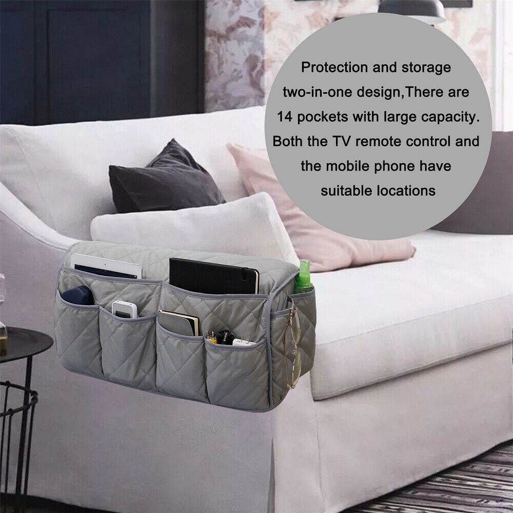 2 Pcs Blue Quilted Sofa Armrest Organizer Caddy - Multi-Pocket Remote Control Holder Bag Tristar Online