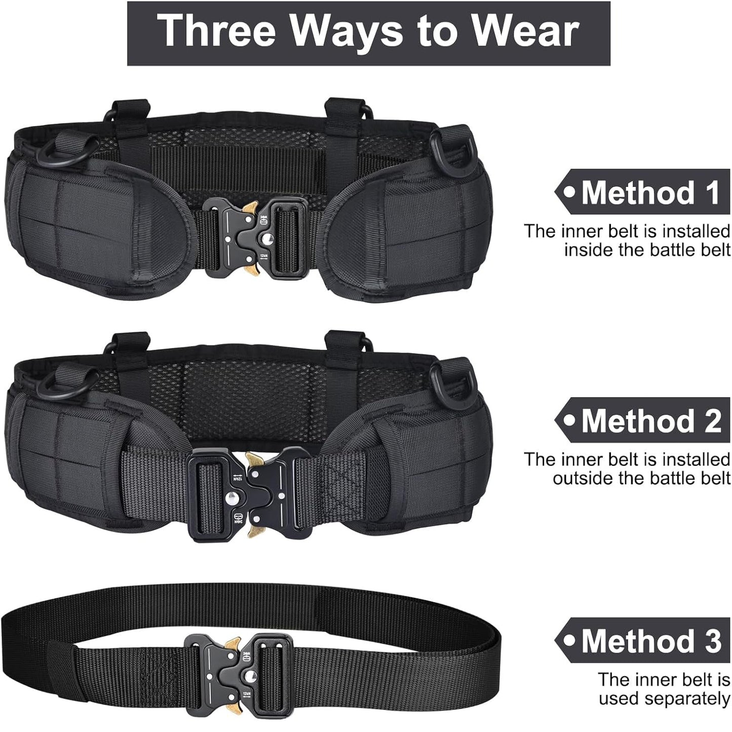 Black Adjustable Tactical Battle Belt Set - Padded MOLLE Outer & Nylon Inner Belt Tristar Online