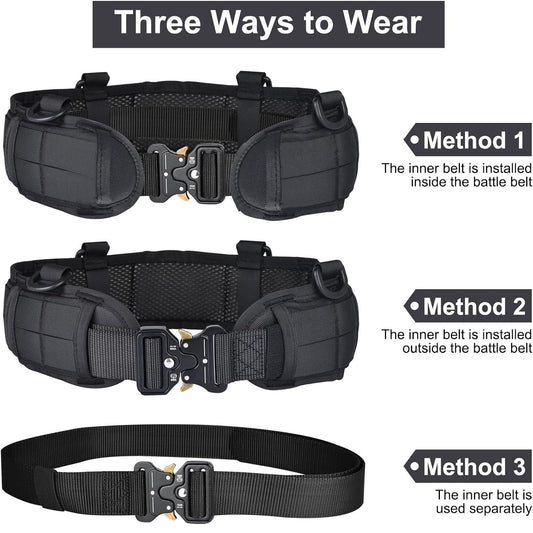 Black Adjustable Tactical Battle Belt Set - Padded MOLLE Outer & Nylon Inner Belt Tristar Online