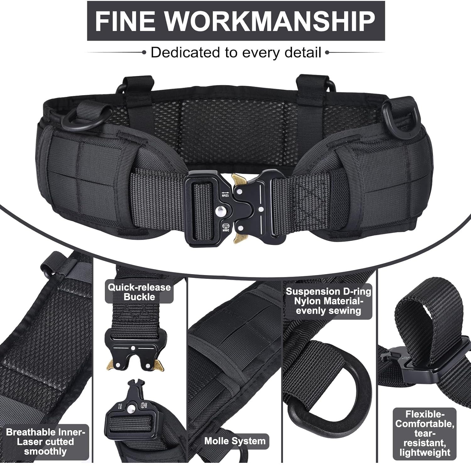 Black Adjustable Tactical Battle Belt Set - Padded MOLLE Outer & Nylon Inner Belt Tristar Online