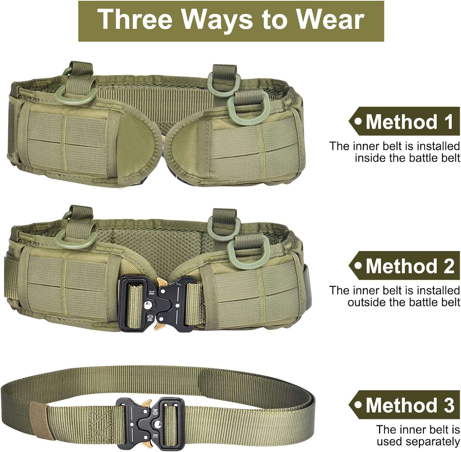 Green Adjustable Tactical Battle Belt Set - Padded MOLLE Outer & Nylon Inner Belt Tristar Online