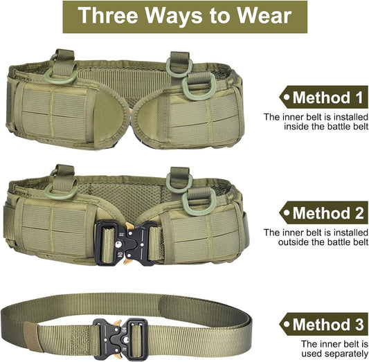 Green Adjustable Tactical Battle Belt Set - Padded MOLLE Outer & Nylon Inner Belt Tristar Online