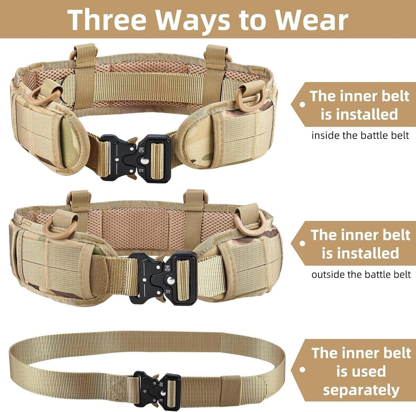 Khaki Adjustable Tactical Battle Belt Set - Padded MOLLE Outer & Nylon Inner Belt Tristar Online