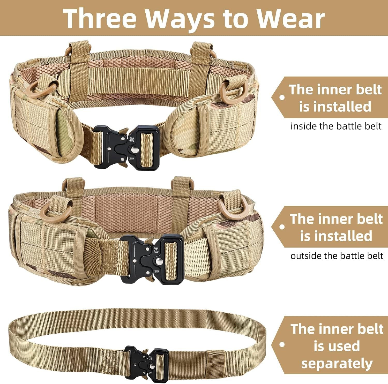 Khaki Adjustable Tactical Battle Belt Set - Padded MOLLE Outer & Nylon Inner Belt Tristar Online