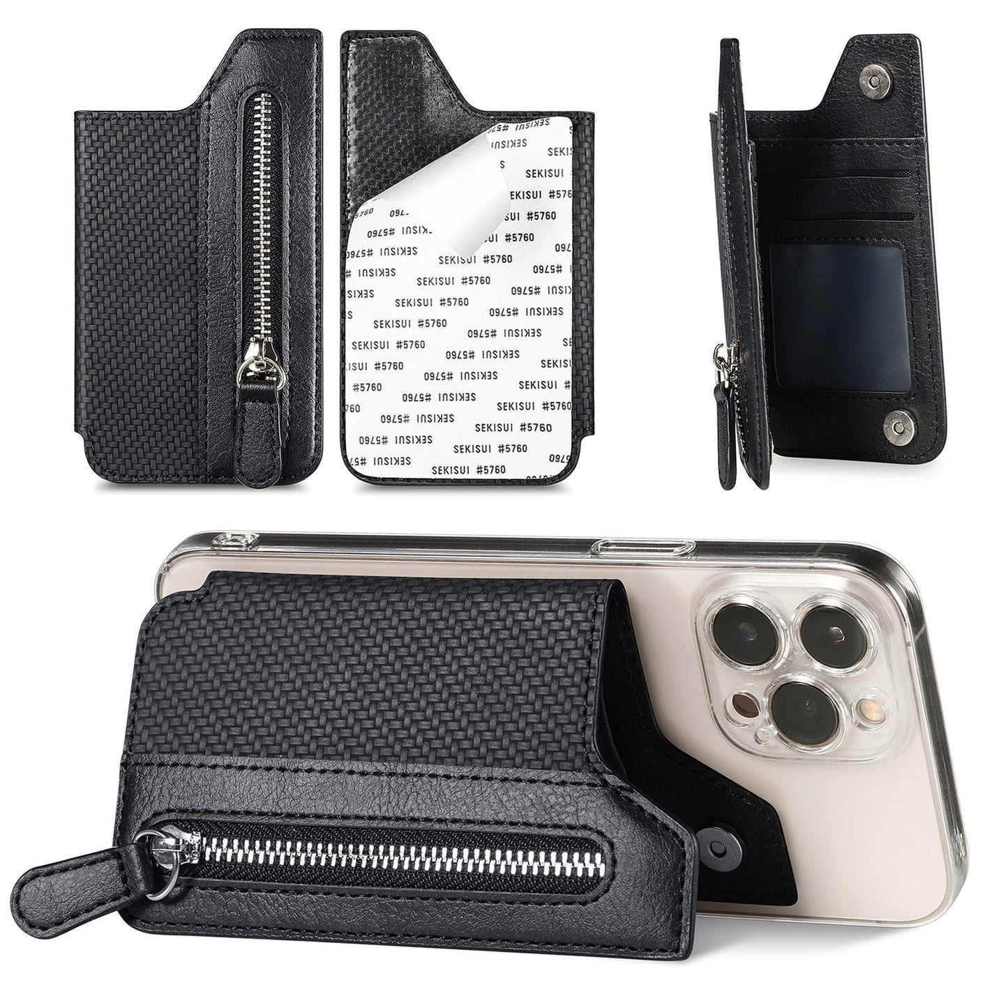 2 Pcs Black Multifunction Stick-On Phone Wallet - PU Leather Card Holder with Zipper & Flip Cover Tristar Online