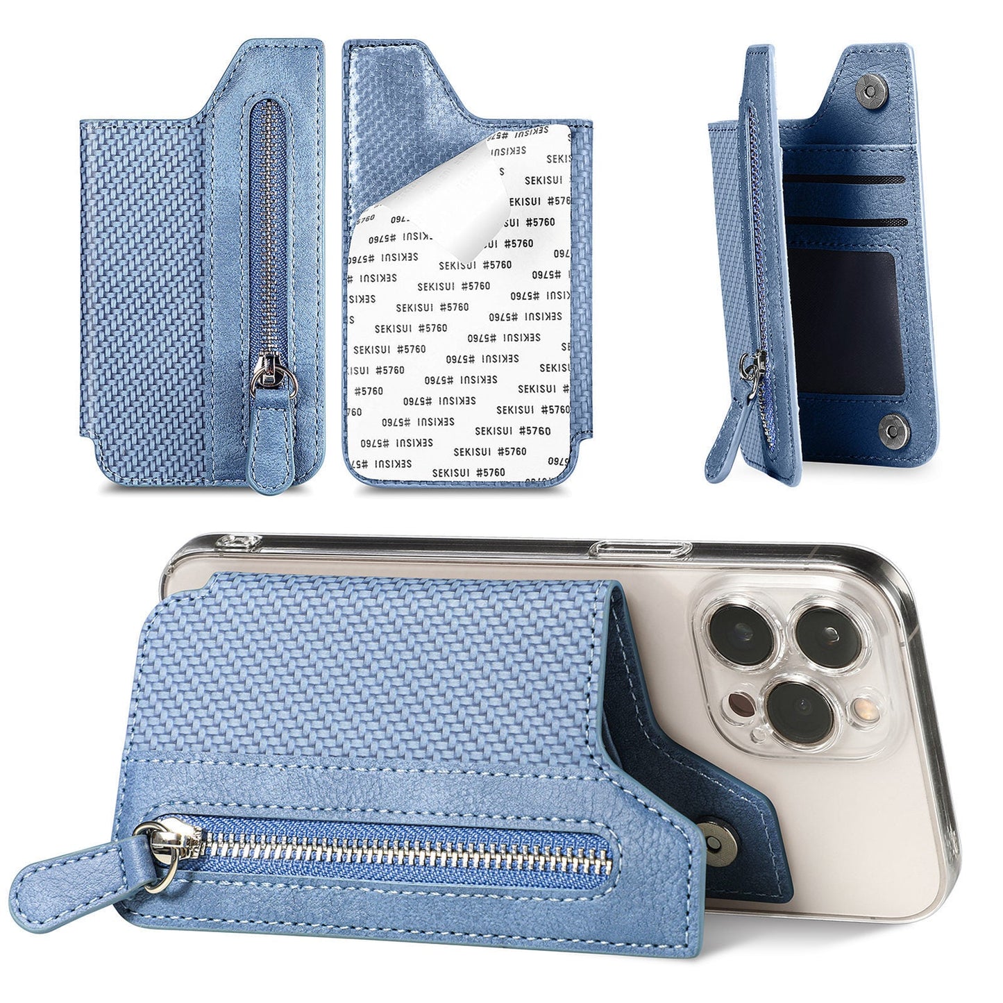 2 Pcs Blue Multifunction Stick-On Phone Wallet - PU Leather Card Holder with Zipper & Flip Cover Tristar Online