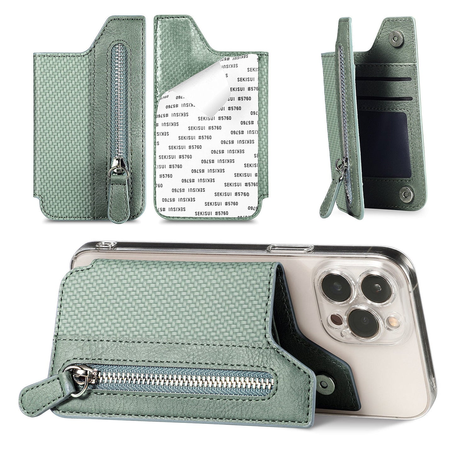 2 Pcs Green Multifunction Stick-On Phone Wallet - PU Leather Card Holder with Zipper & Flip Cover Tristar Online