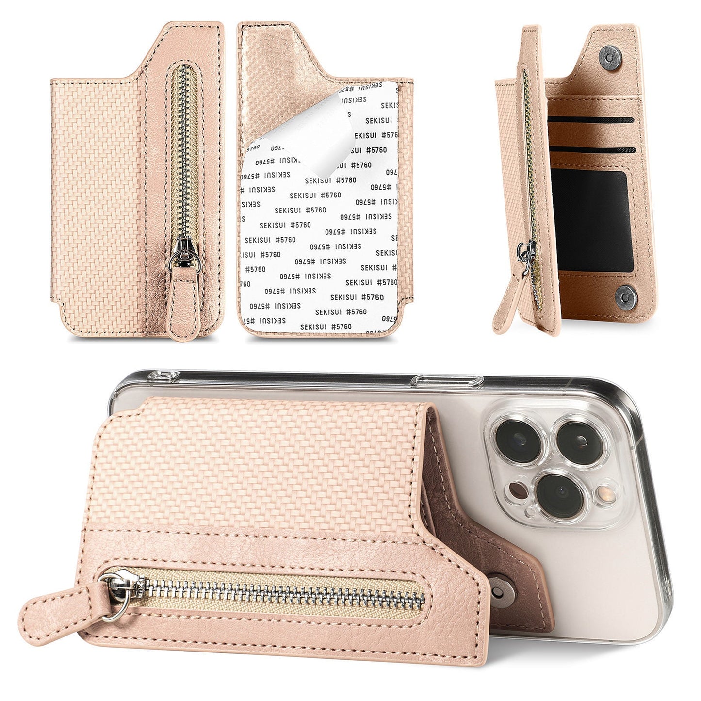 2 Pcs Khaki Multifunction Stick-On Phone Wallet - PU Leather Card Holder with Zipper & Flip Cover Tristar Online