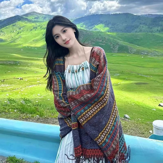 Blue Elegant Jacquard Knit Shawl Wrap - Versatile Oversized Scarf (150cm x 130cm) Tristar Online