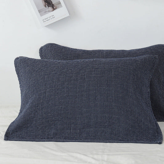 Dark Blue Breathable 4-Layer Cotton Gauze Pillow Towel Pair - Japanese Style Grid (52x75cm) Tristar Online