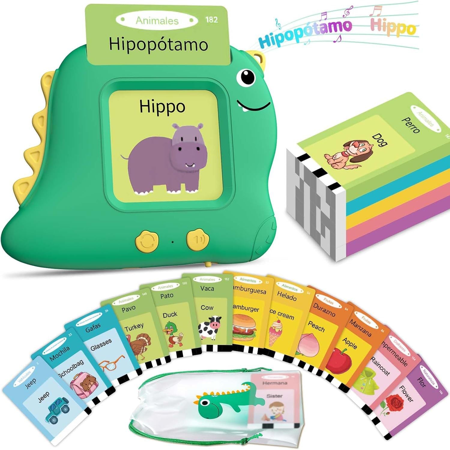 Little Green Dinosaur [112 cards] Bilingual Early Learning Flash Card Reader - Interactive Audio Toy for Toddlers Tristar Online