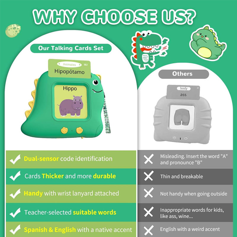 Little Green Dinosaur Spanish & English Bilingual Flash Card Reader - Interactive Audio Learning Toy (112 Cards) Tristar Online