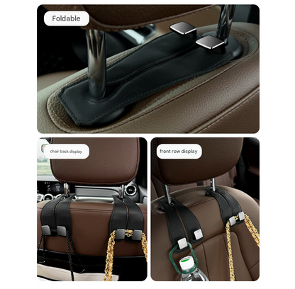 Black Heavy Duty Car Headrest Hooks (Set of 4 Units) - PU Leather Seat Back Organizer Hangers Tristar Online
