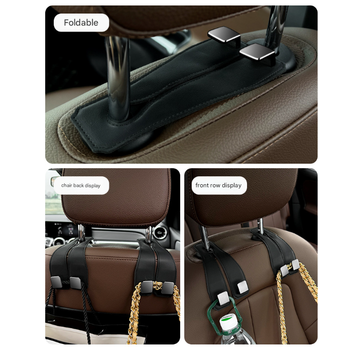 Red Brown Heavy Duty Car Headrest Hooks (Set of 4 Units) - PU Leather Seat Back Organizer Hangers Tristar Online
