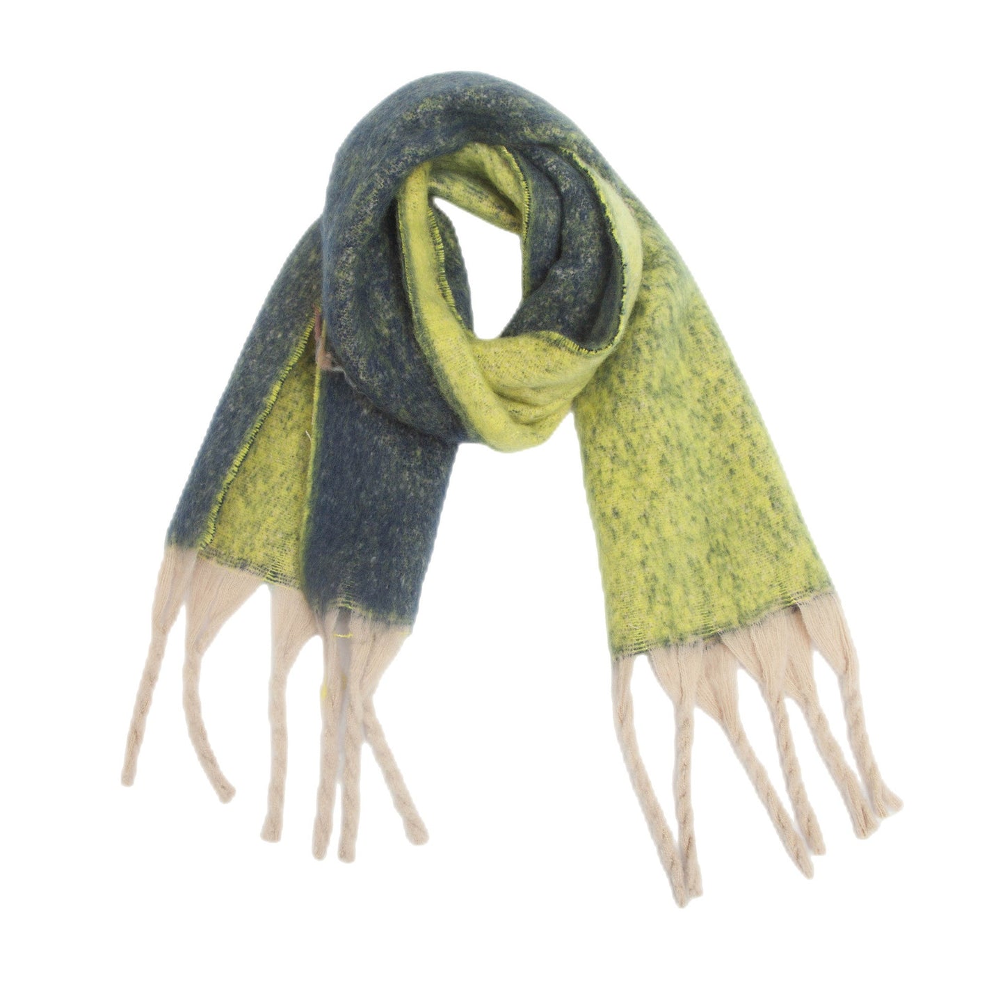 Green Plush Gradient Winter Scarf Shawl - Thick Textured Circle Yarn with Chunky Tassels - 185cm x 40cm Tristar Online