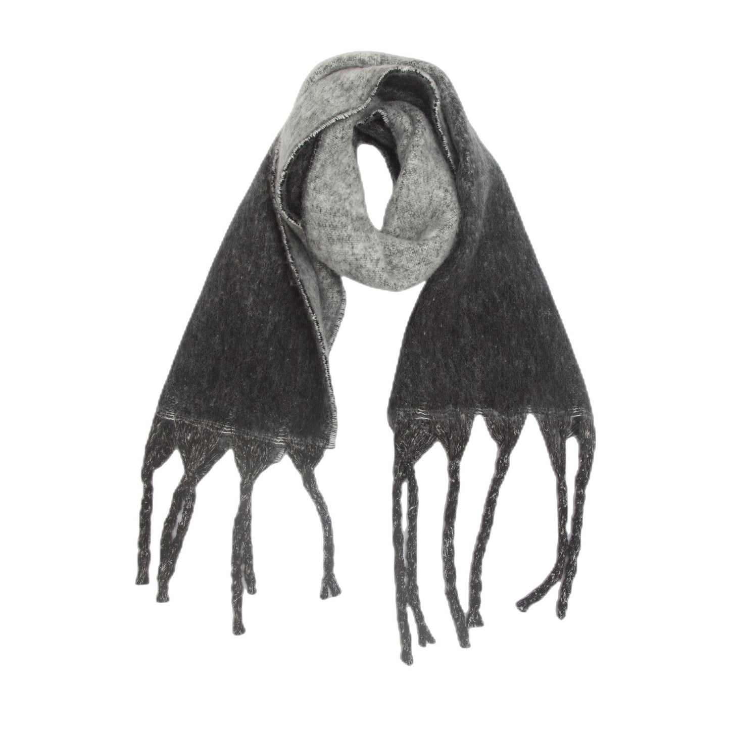 Black Plush Gradient Winter Scarf Shawl - Thick Textured Circle Yarn with Chunky Tassels - 185cm x 40cm Tristar Online