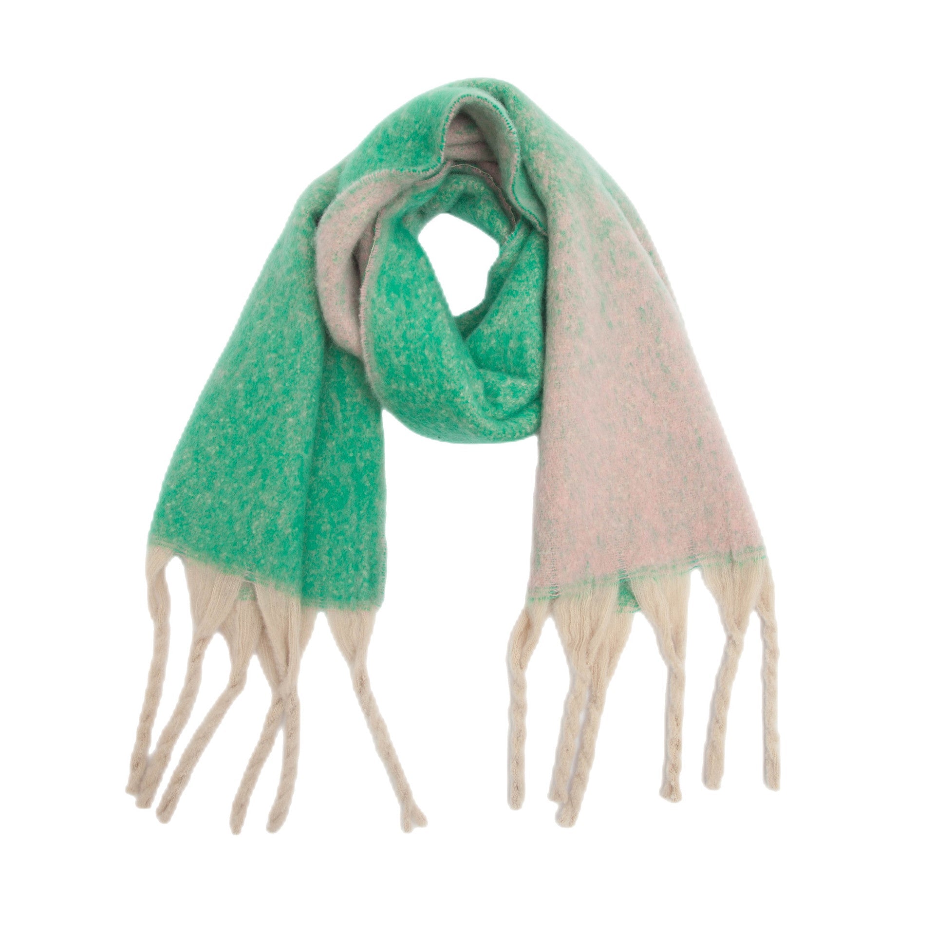 Green-beige Plush Gradient Winter Scarf Shawl - Thick Textured Circle Yarn with Chunky Tassels - 185cm x 40cm Tristar Online