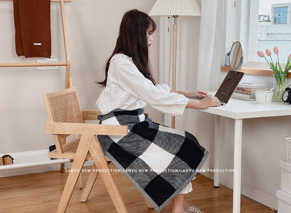 Double-Sided Geometric & Plush Throw Blanket - Warm 70x100cm Multi-Use Wrap(Black and white checkered/reverse gray) Tristar Online