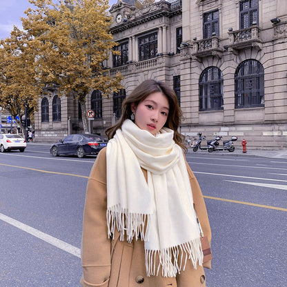 Luxury Cashmere Blend Scarf, Large 200x70cm Fringed Scarf (White) Tristar Online
