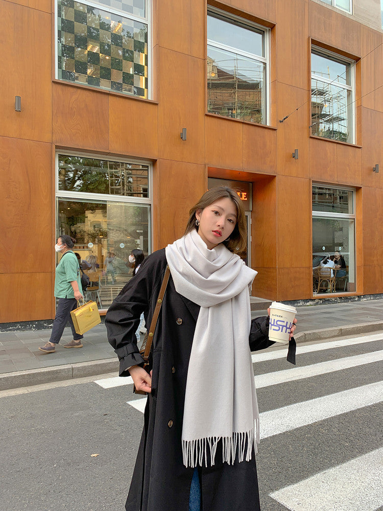 Luxury Cashmere Blend Scarf, Large 200x70cm Fringed Scarf (Ivory) Tristar Online