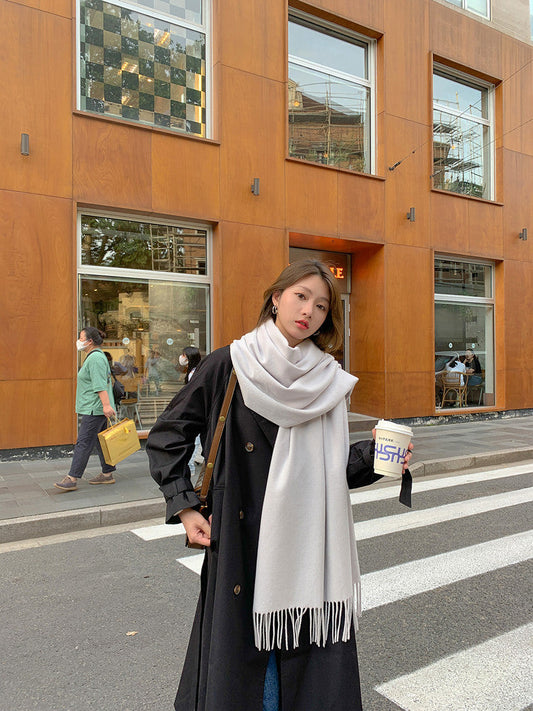 Luxury Cashmere Blend Scarf, Large 200x70cm Fringed Scarf (Ivory) Tristar Online